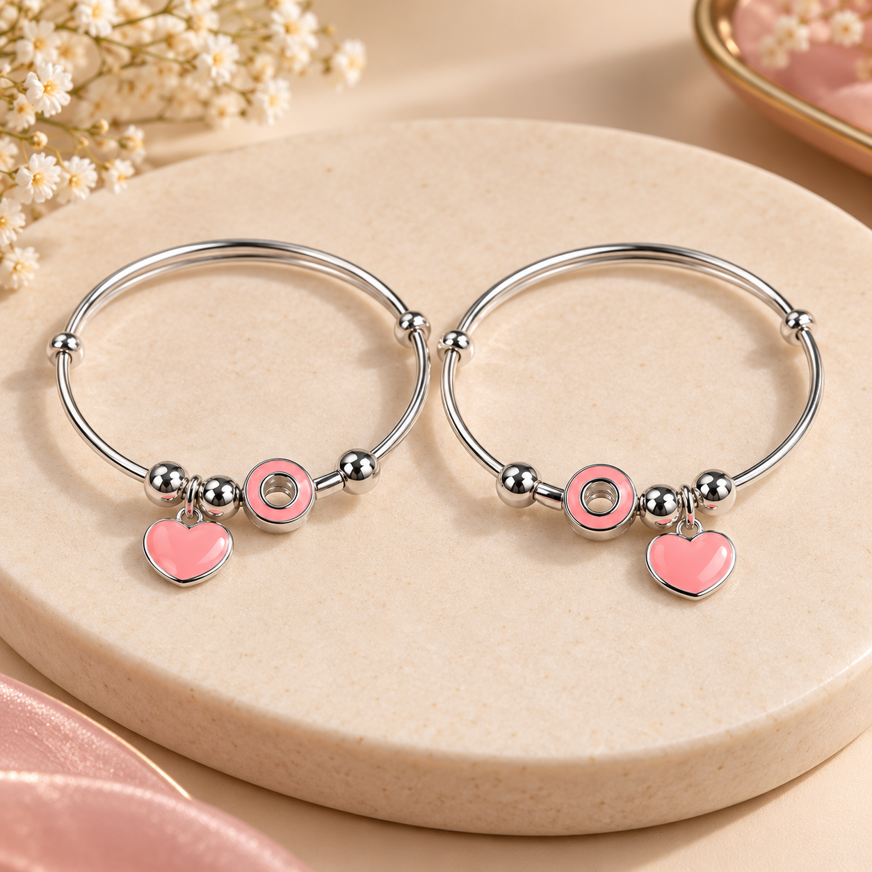 Sterling 925 Silver Pink Heart Adjustable Bangles for Kids | Enamelled Heart Charms
