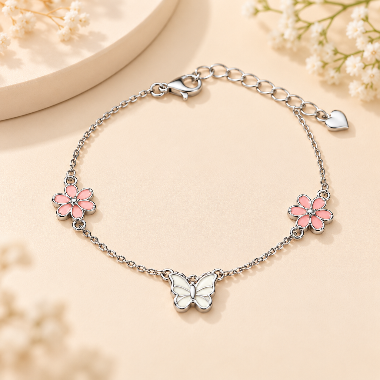 Sterling 925 Silver Enamelled Flower & Butterfly Bracelet for Girls | Anti-Tarnish Adjustable Bracelet