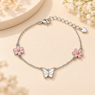 Sterling 925 Silver Enamelled Flower & Butterfly Bracelet for Girls | Anti-Tarnish Adjustable Bracelet