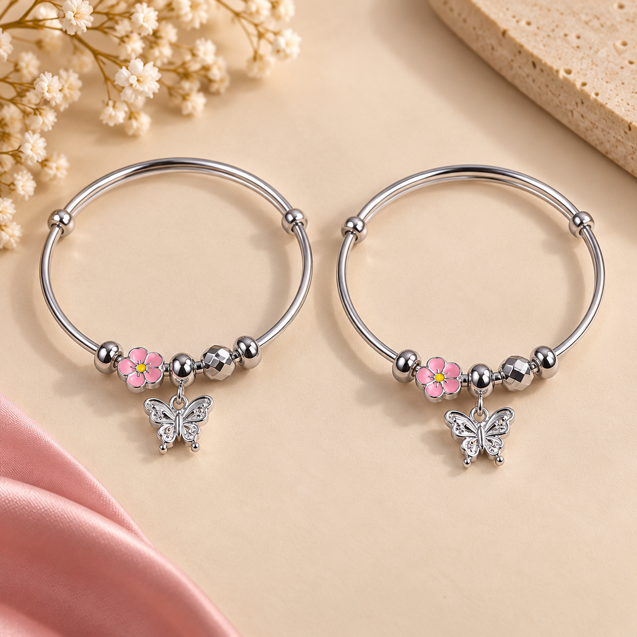 Sterling 925 Silver Floral Butterfly Adjustable Bangle Pair for Kids