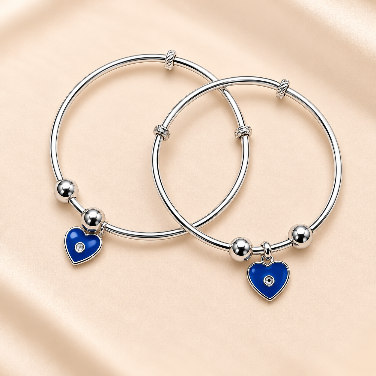 Sterling 925 Silver Blue Heart Adjustable Bangles for Kids | Enamelled Heart Charm | 1–8 Years