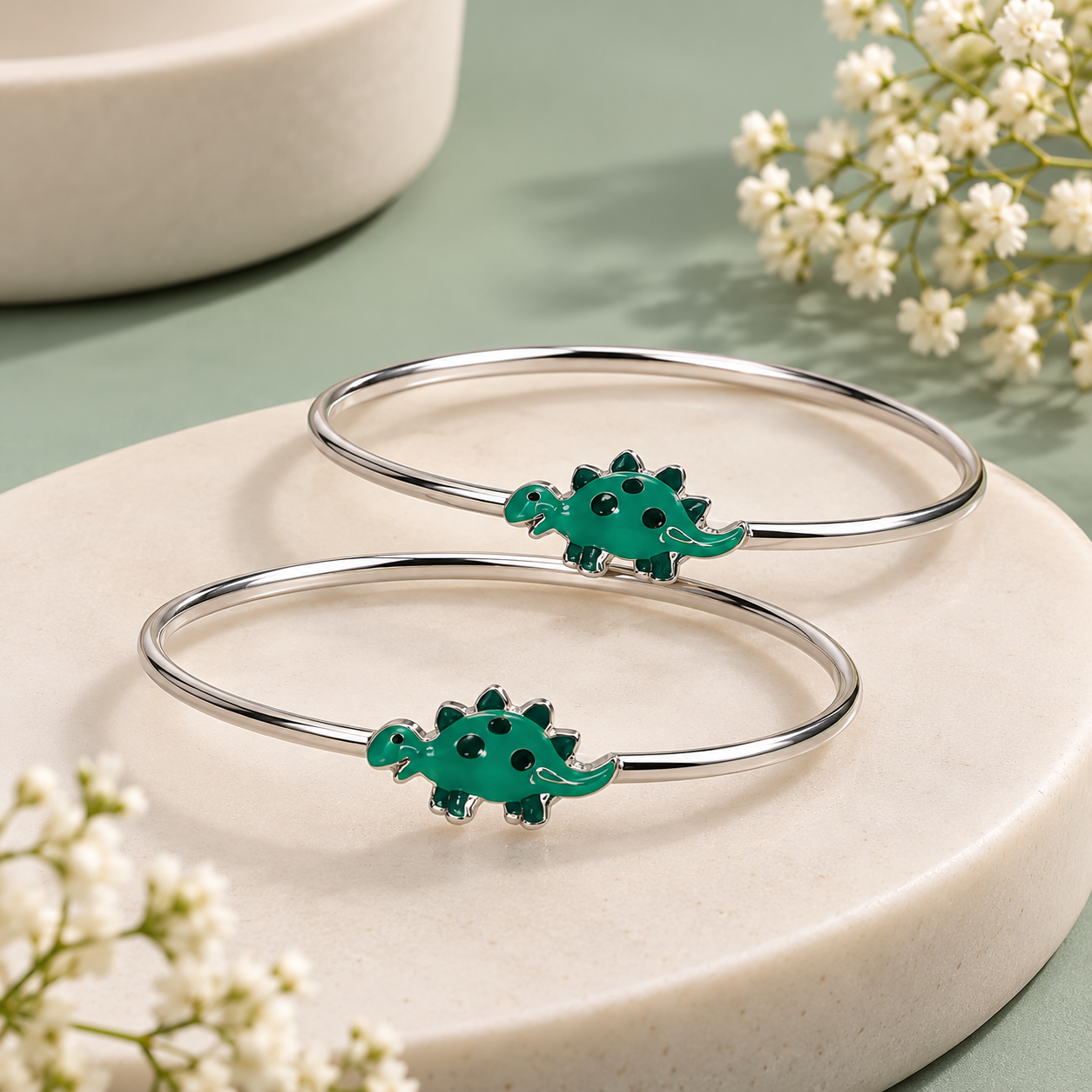 Sterling 925 Silver Enamelled Dinosaur Adjustable Bangles for Kids