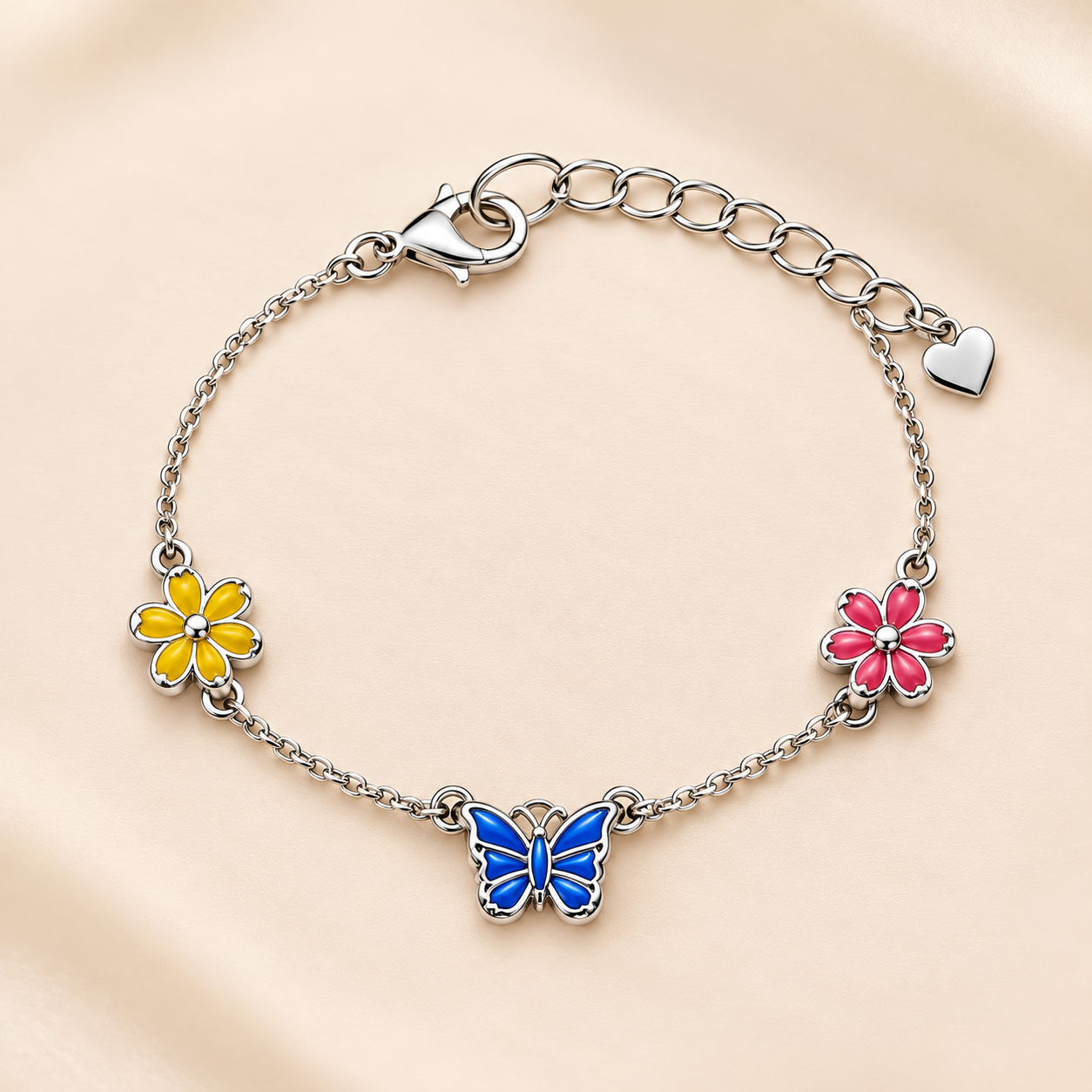 Sterling 925 Silver Enamelled Flower & Butterfly Bracelet for Girls | Anti-Tarnish Adjustable
