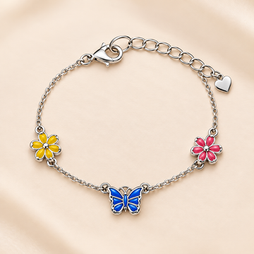 Sterling 925 Silver Enamelled Flower & Butterfly Bracelet for Girls | Anti-Tarnish Adjustable