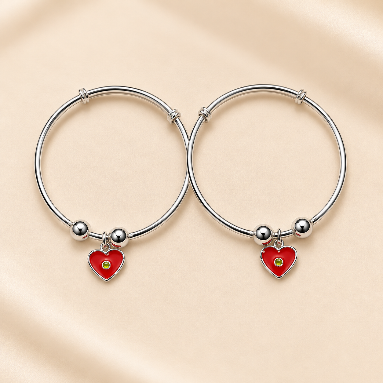 Sterling 925 Silver Red Heart Adjustable Bangles for Kids | Enamelled Heart Charm