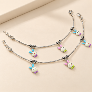 Sterling 925 Silver Enamelled Bunny Anklets for Girls | Anti-Tarnish Adjustable Payal