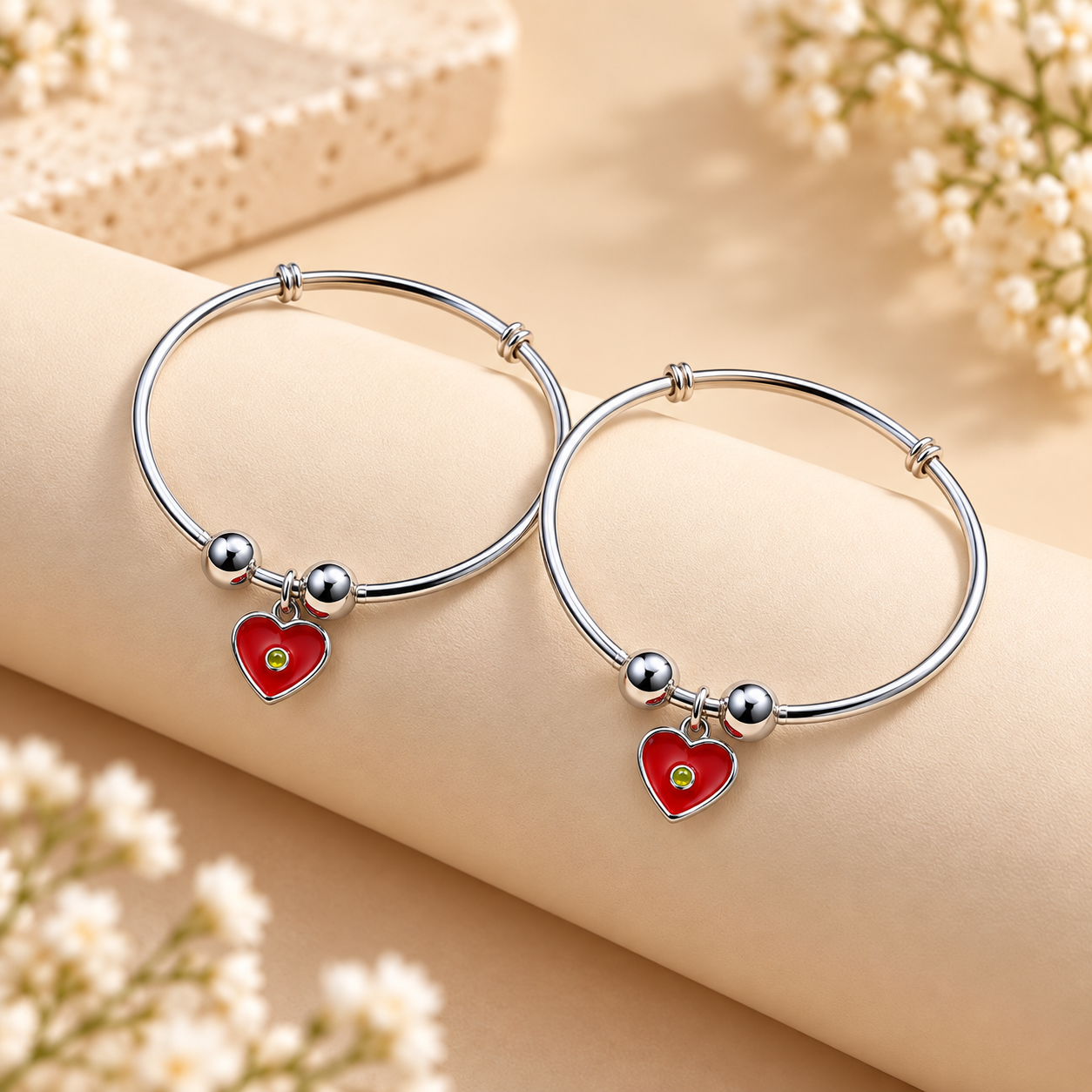 Sterling 925 Silver Red Heart Adjustable Bangles for Kids | Enamelled Heart Charm
