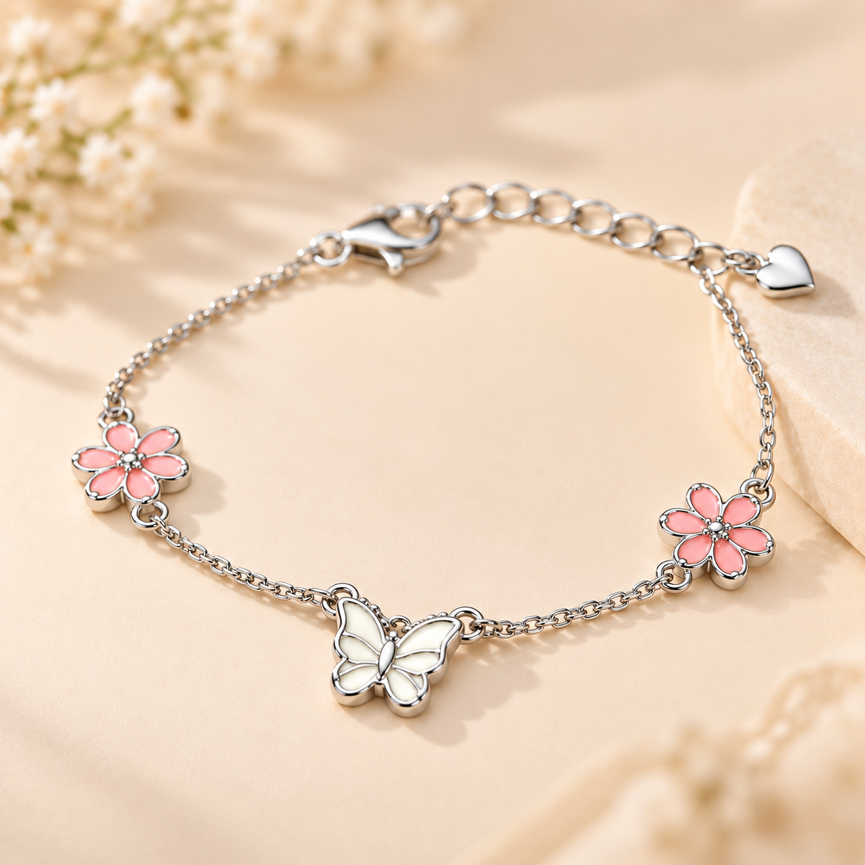 Sterling 925 Silver Enamelled Flower & Butterfly Bracelet for Girls | Anti-Tarnish Adjustable Bracelet
