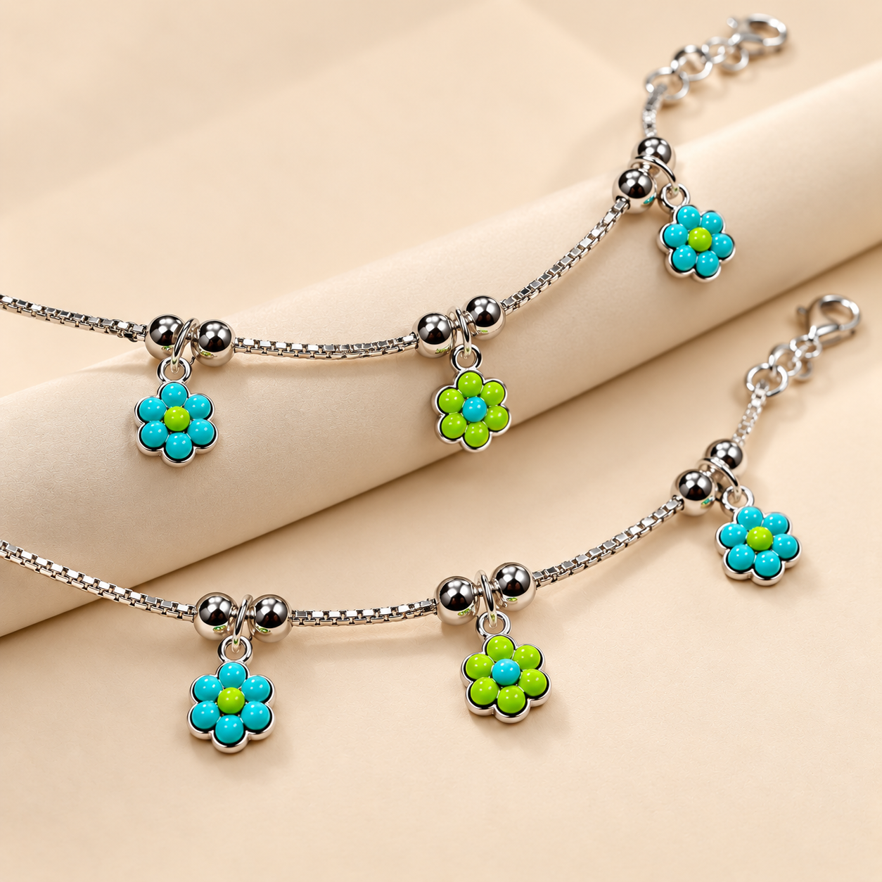 Sterling 925 Silver Enamelled Flower Anklets for Girls | Anti-Tarnish Adjustable Payal