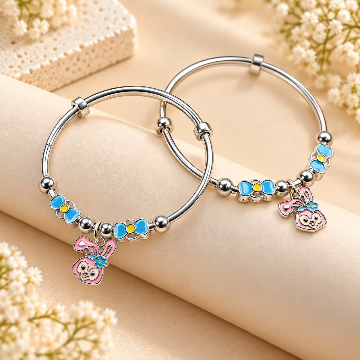Sterling 925 Silver Enamelled Bunny Adjustable Bangles for Kids | 1–8 Years