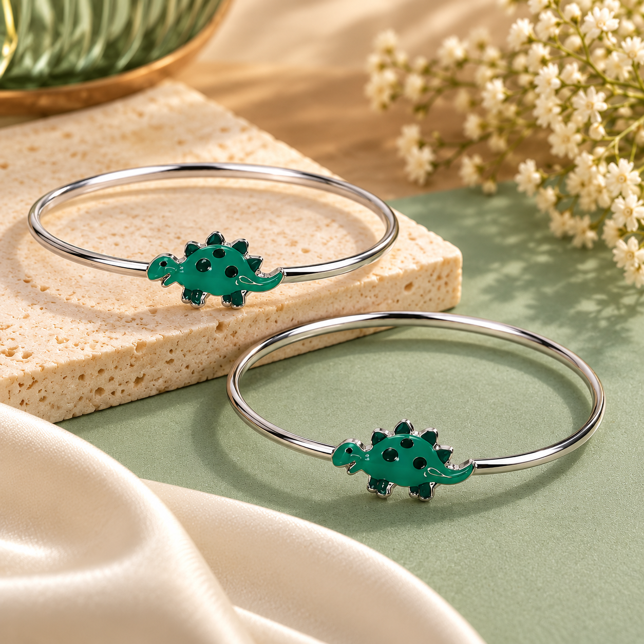 Sterling 925 Silver Enamelled Dinosaur Adjustable Bangles for Kids