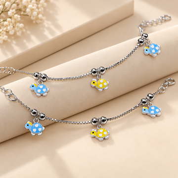 Sterling 925 Silver Enamelled Turtle Anklets for Girls | Anti-Tarnish Adjustable Payal
