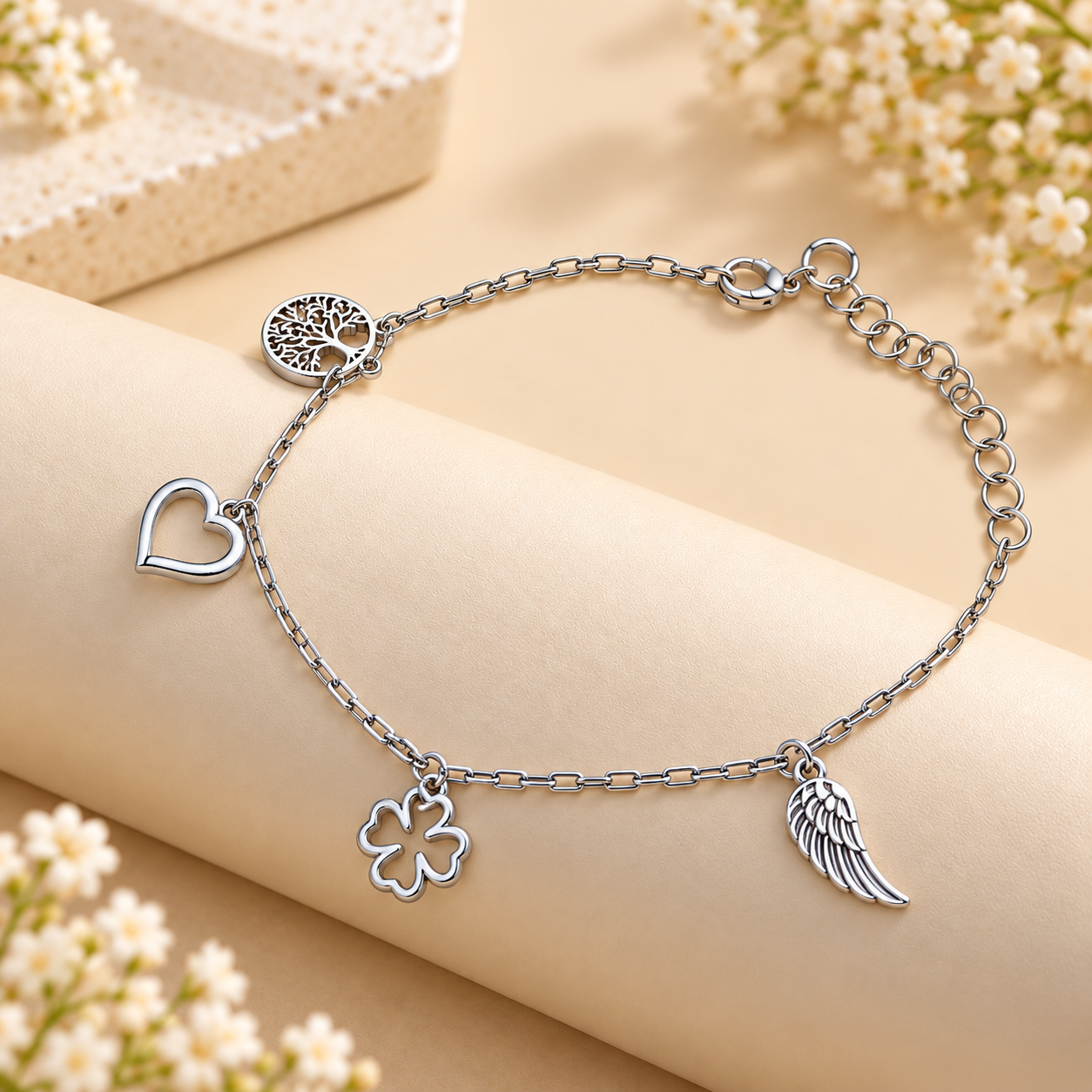 Sterling 925 Silver Charms Bracelet for Girls | Anti-Tarnish Adjustable Bracelet