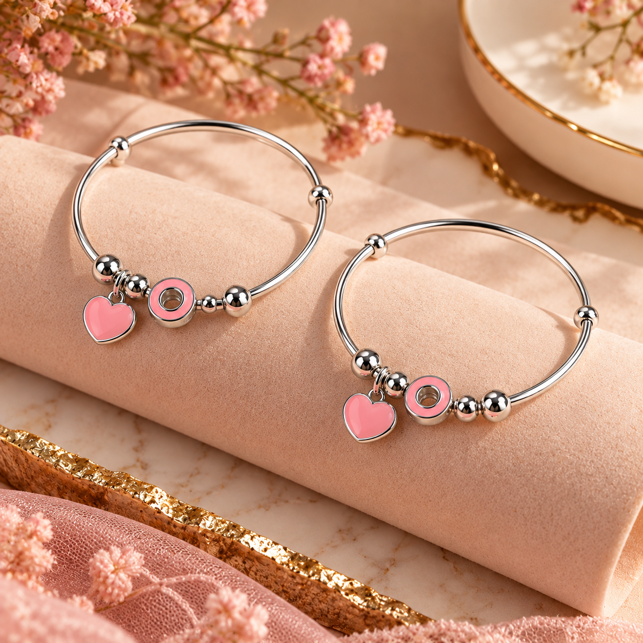 Sterling 925 Silver Pink Heart Adjustable Bangles for Kids | Enamelled Heart Charms