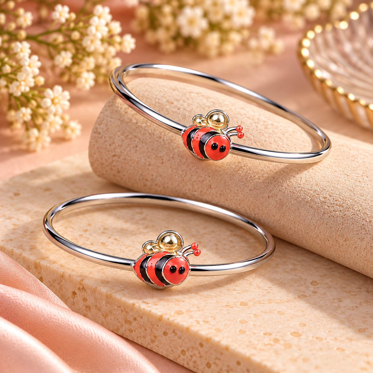 Sterling 925 Silver Enamelled Bee Adjustable Bangles for Kids | 1–8 Years