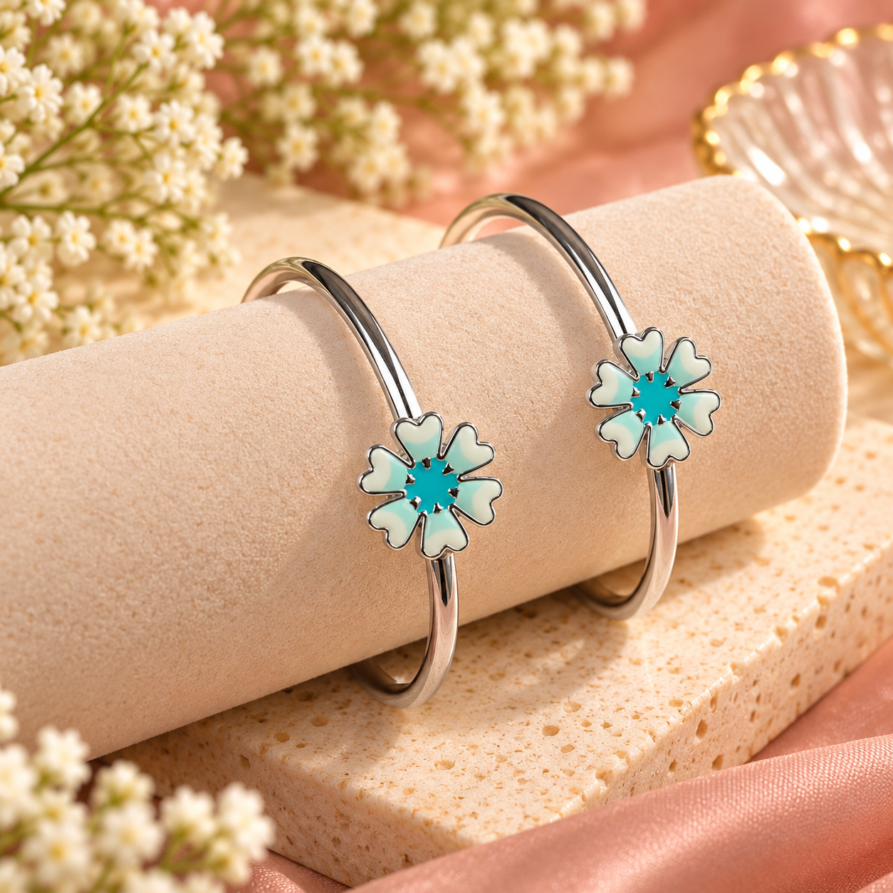 Sterling 925 Silver Enamelled Flower Adjustable Bangles for Kids
