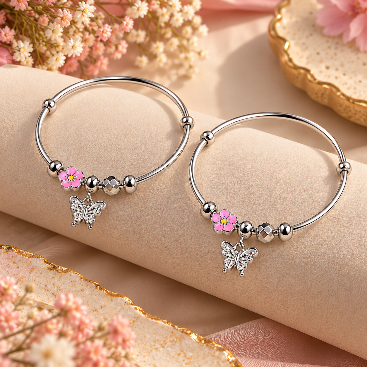 Sterling 925 Silver Floral Butterfly Adjustable Bangle Pair for Kids