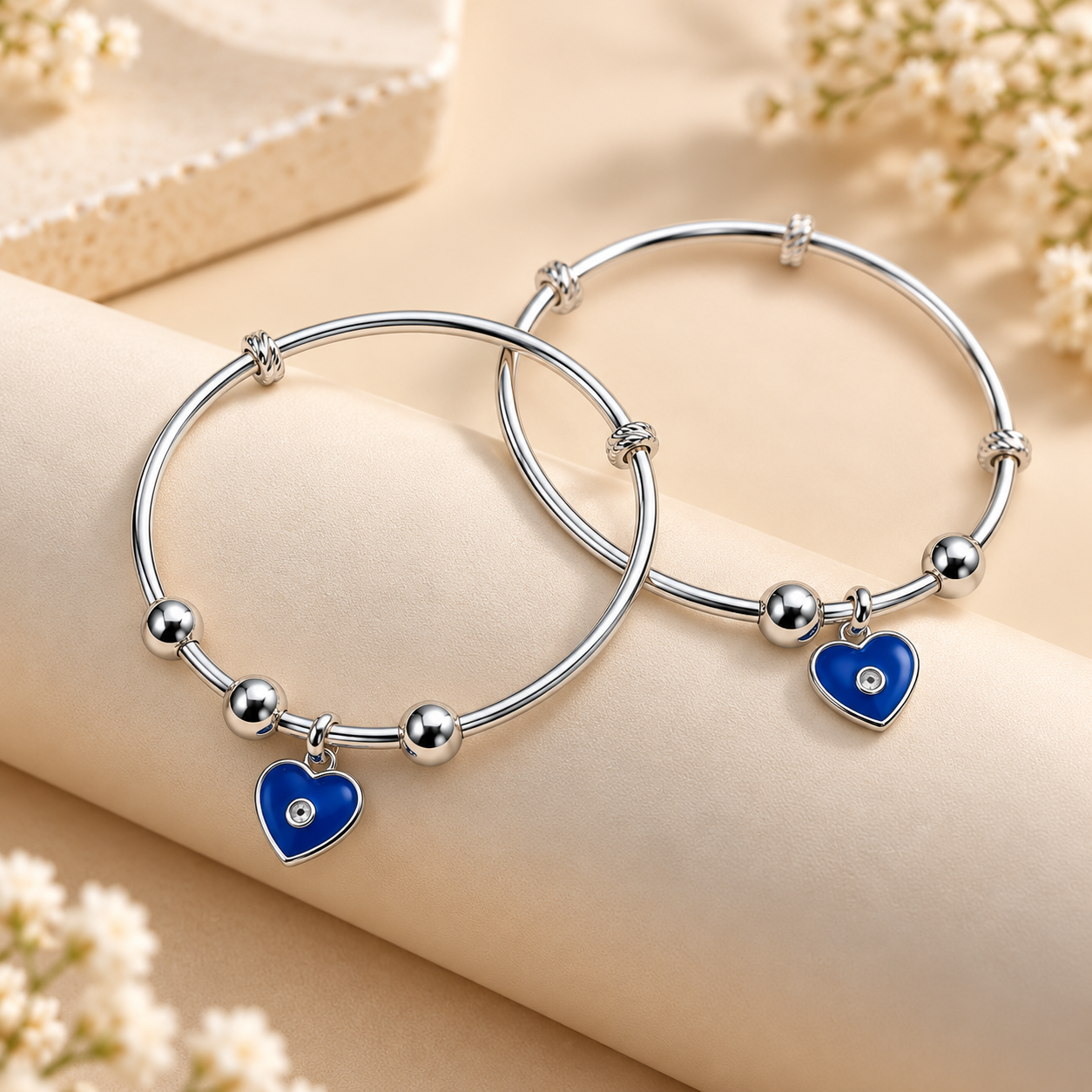 Sterling 925 Silver Blue Heart Adjustable Bangles for Kids | Enamelled Heart Charm | 1–8 Years