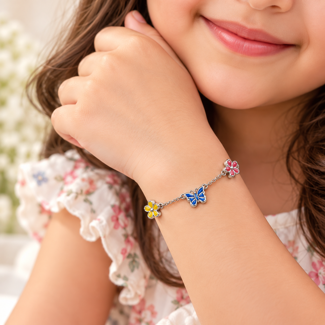 Sterling 925 Silver Enamelled Flower & Butterfly Bracelet for Girls | Anti-Tarnish Adjustable