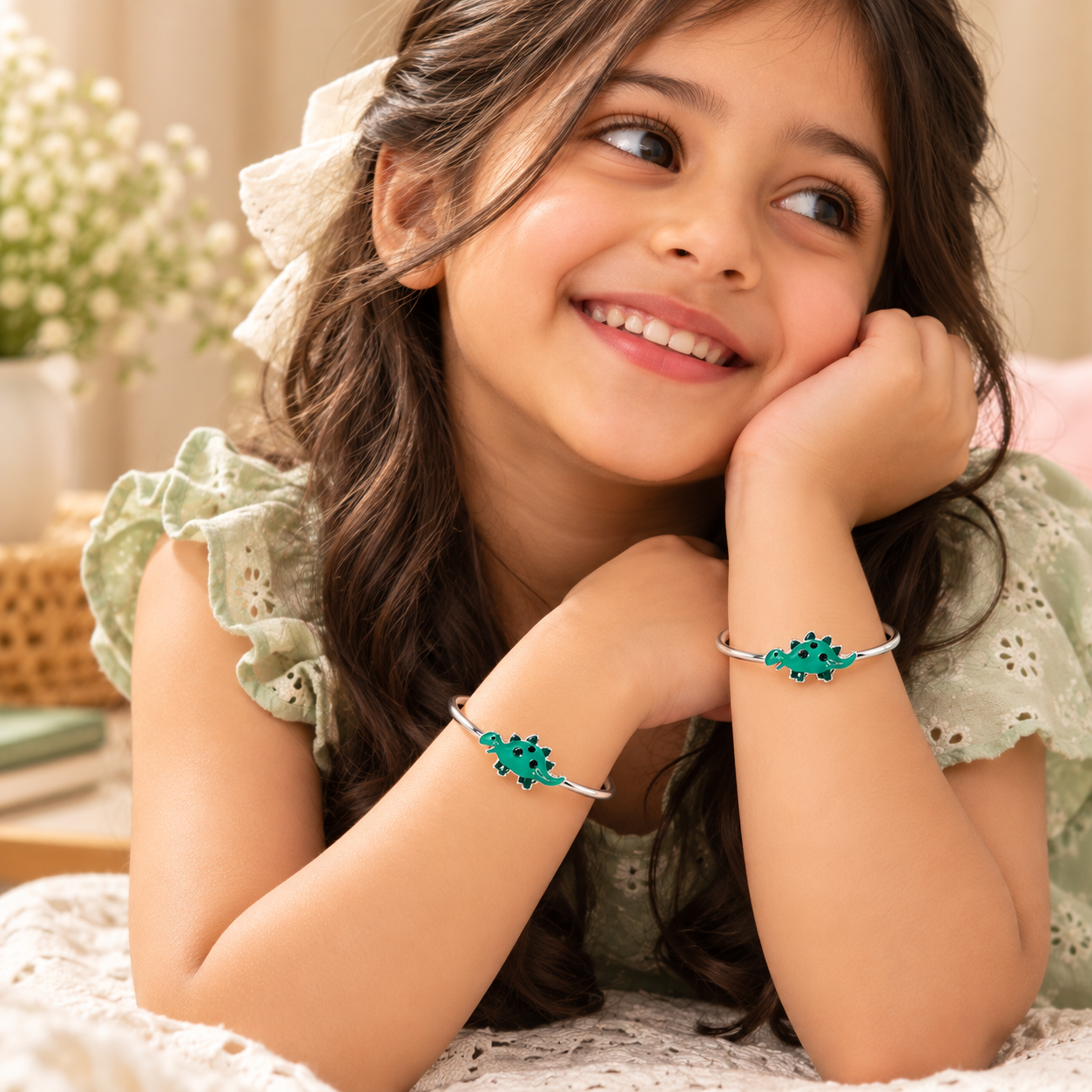 Sterling 925 Silver Enamelled Dinosaur Adjustable Bangles for Kids