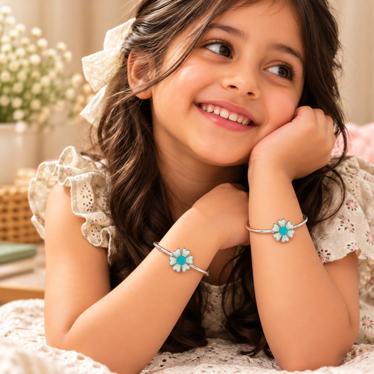 Sterling 925 Silver Enamelled Flower Adjustable Bangles for Kids