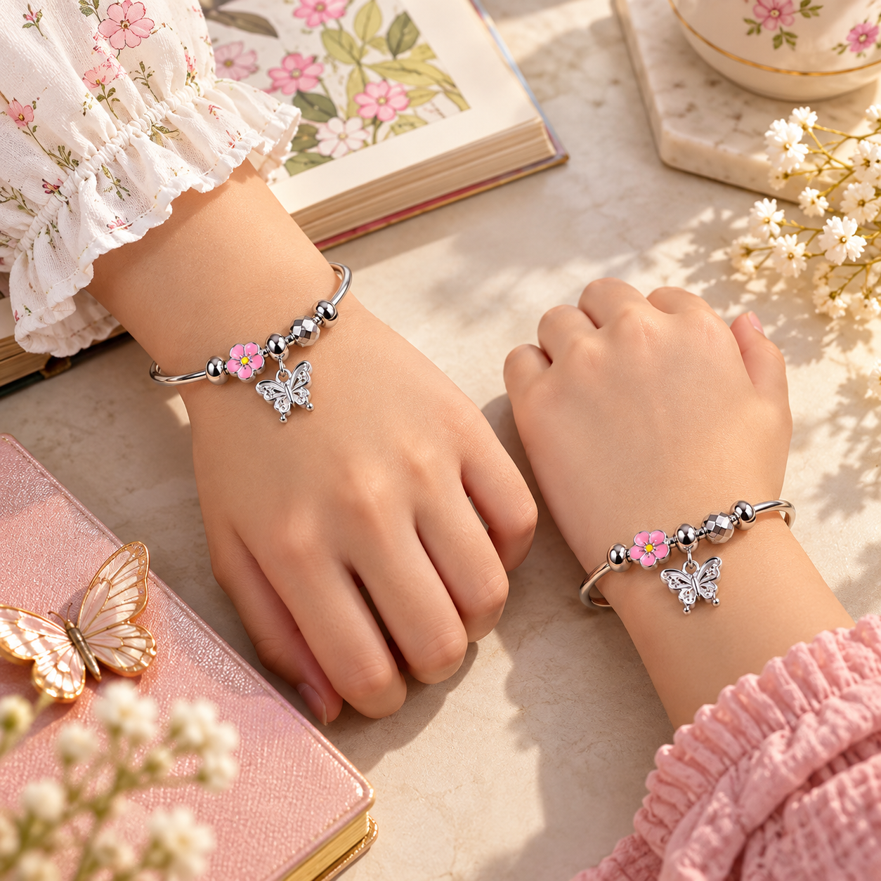Sterling 925 Silver Floral Butterfly Adjustable Bangle Pair for Kids