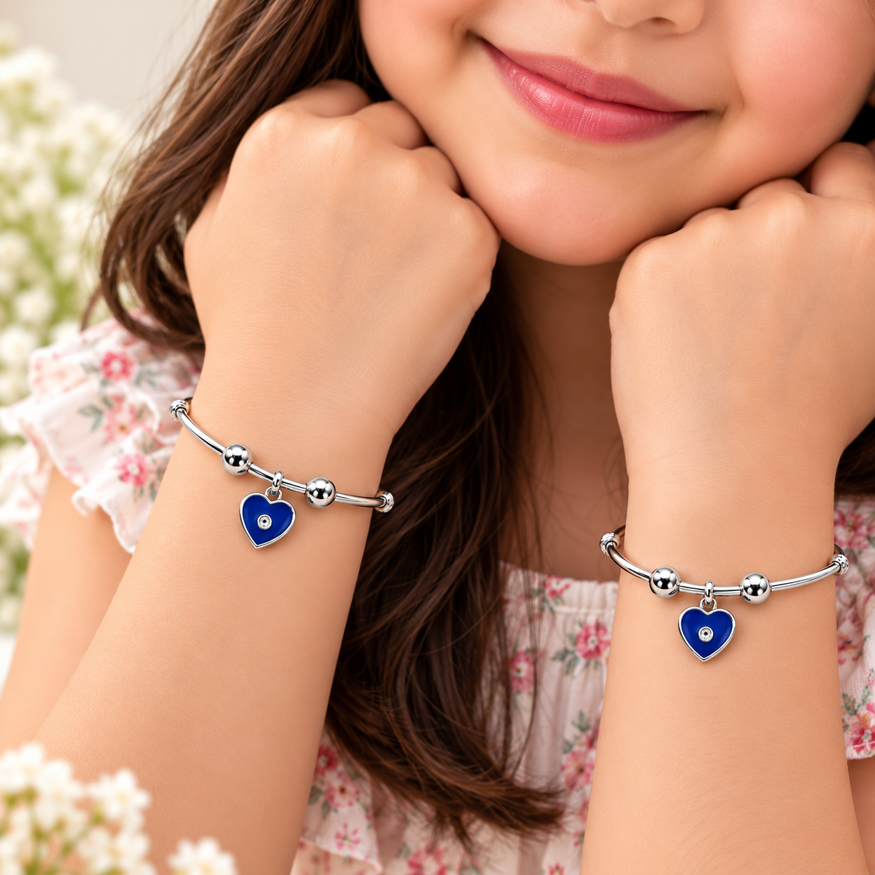 Sterling 925 Silver Blue Heart Adjustable Bangles for Kids | Enamelled Heart Charm | 1–8 Years