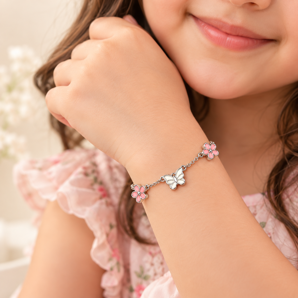 Sterling 925 Silver Enamelled Flower & Butterfly Bracelet for Girls | Anti-Tarnish Adjustable Bracelet
