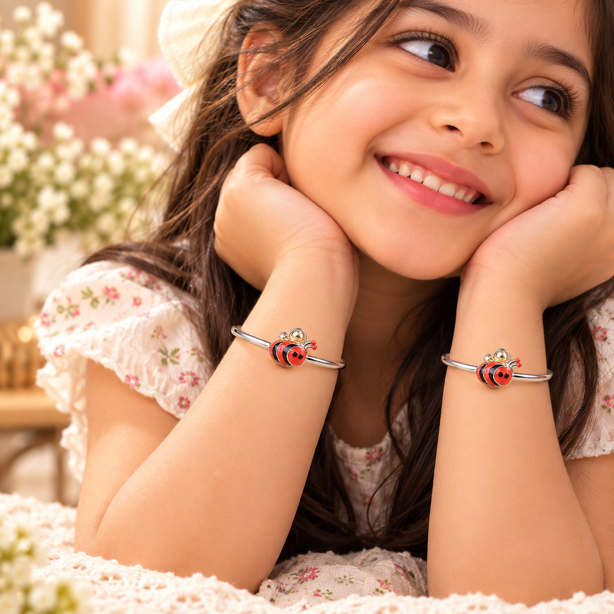 Sterling 925 Silver Enamelled Bee Adjustable Bangles for Kids | 1–8 Years