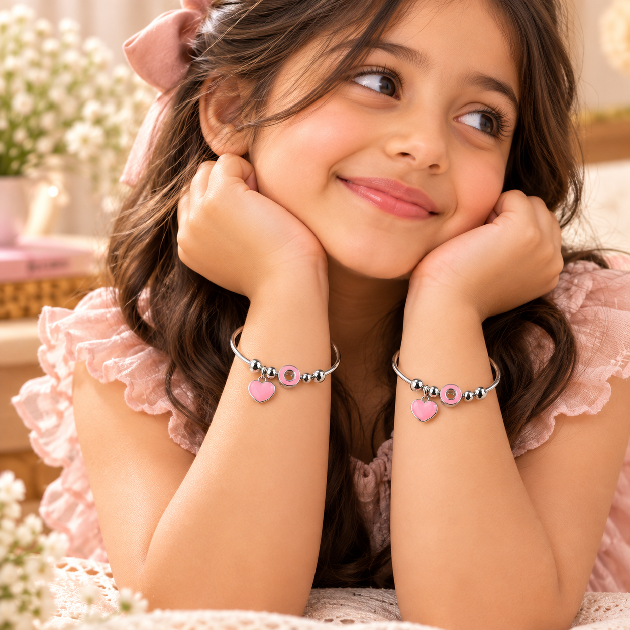 Sterling 925 Silver Pink Heart Adjustable Bangles for Kids | Enamelled Heart Charms