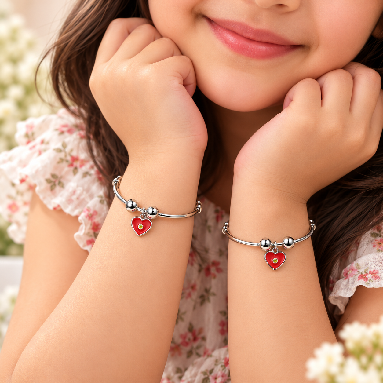 Sterling 925 Silver Red Heart Adjustable Bangles for Kids | Enamelled Heart Charm