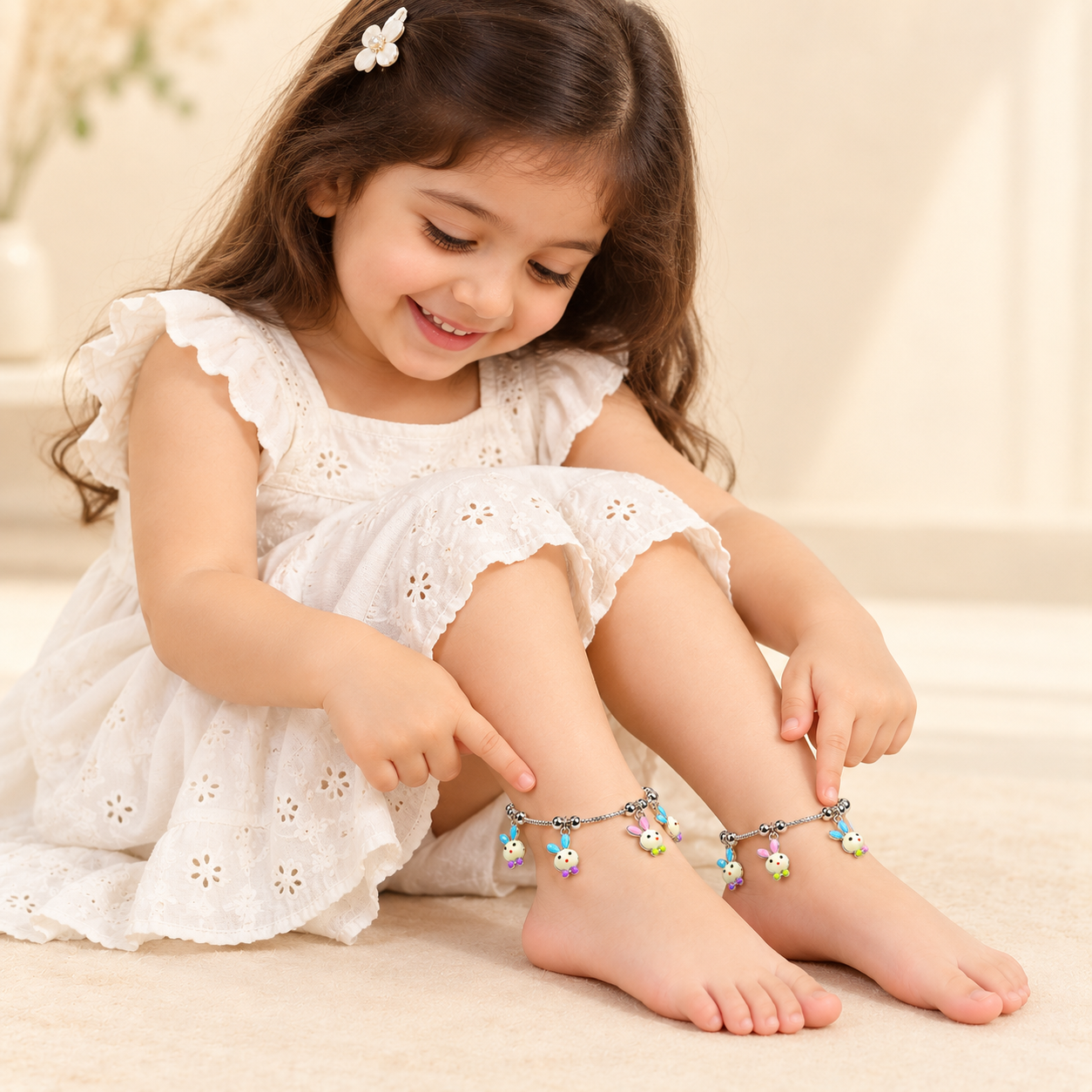 Sterling 925 Silver Enamelled Bunny Anklets for Girls | Anti-Tarnish Adjustable Payal