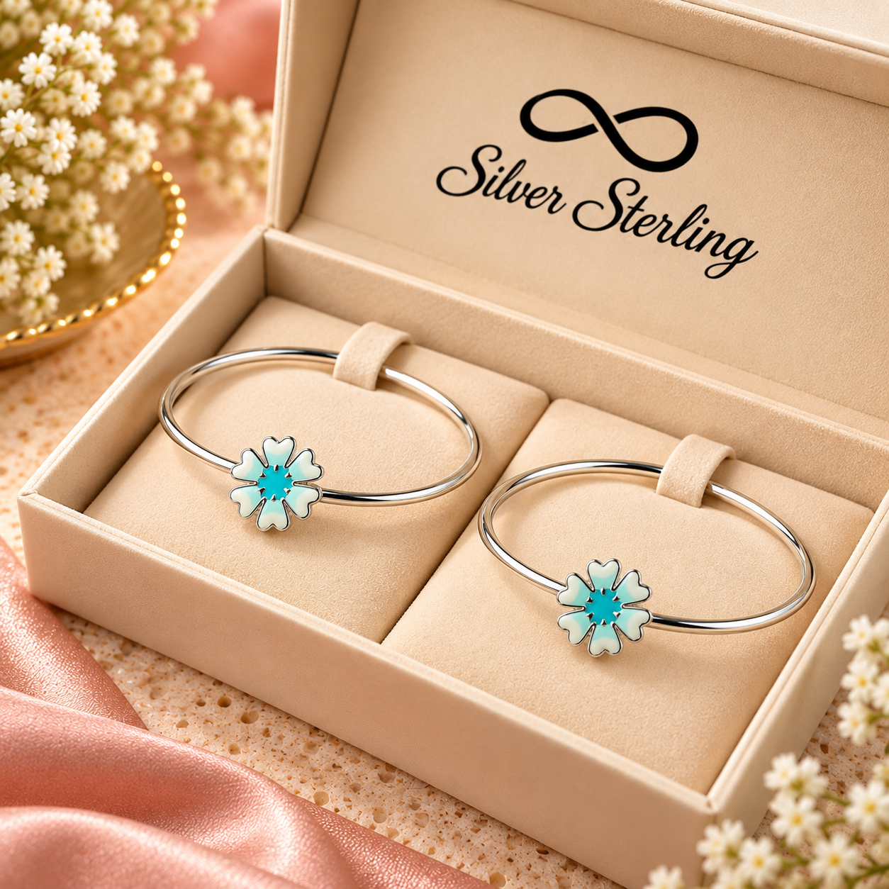Sterling 925 Silver Enamelled Flower Adjustable Bangles for Kids