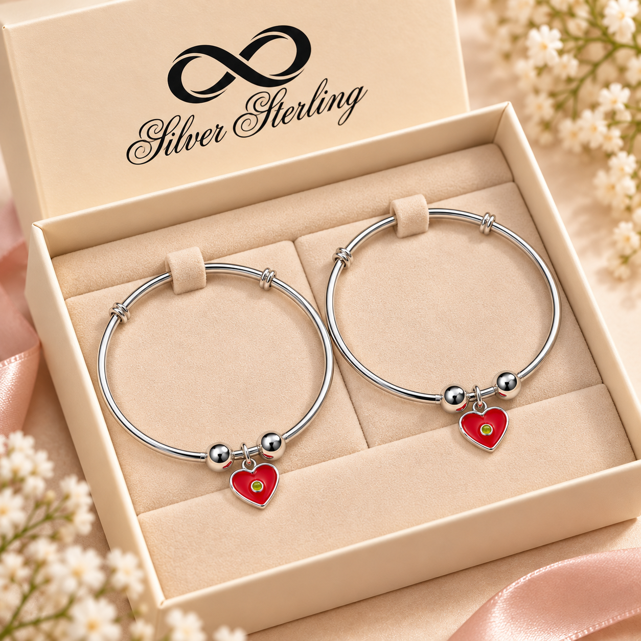 Sterling 925 Silver Red Heart Adjustable Bangles for Kids | Enamelled Heart Charm