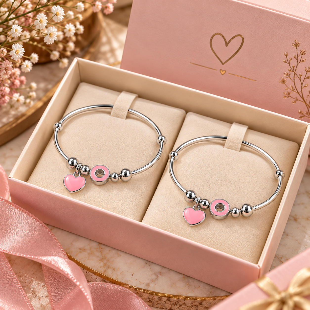 Sterling 925 Silver Pink Heart Adjustable Bangles for Kids | Enamelled Heart Charms