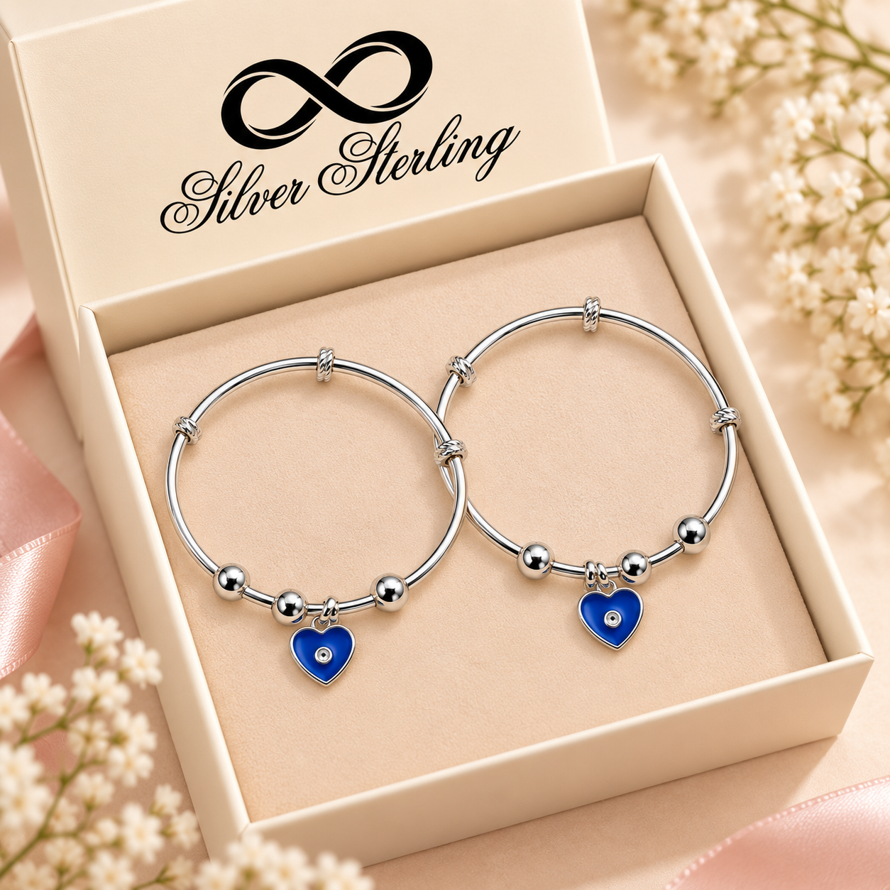 Sterling 925 Silver Blue Heart Adjustable Bangles for Kids | Enamelled Heart Charm | 1–8 Years