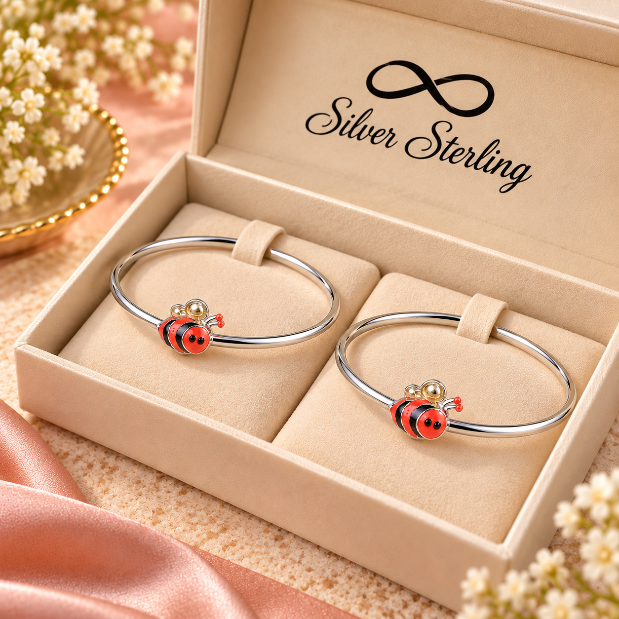 Sterling 925 Silver Enamelled Bee Adjustable Bangles for Kids | 1–8 Years