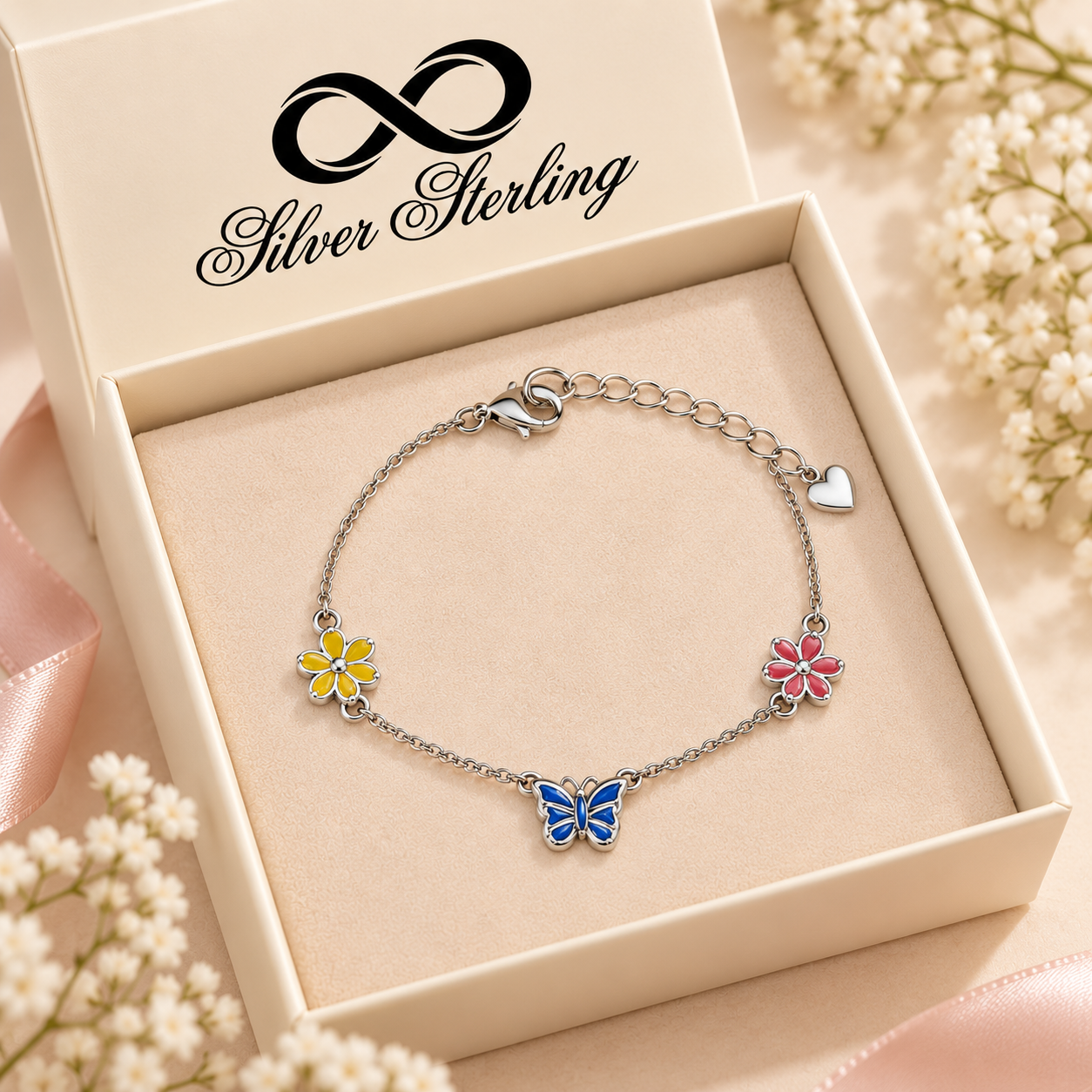 Sterling 925 Silver Enamelled Flower & Butterfly Bracelet for Girls | Anti-Tarnish Adjustable