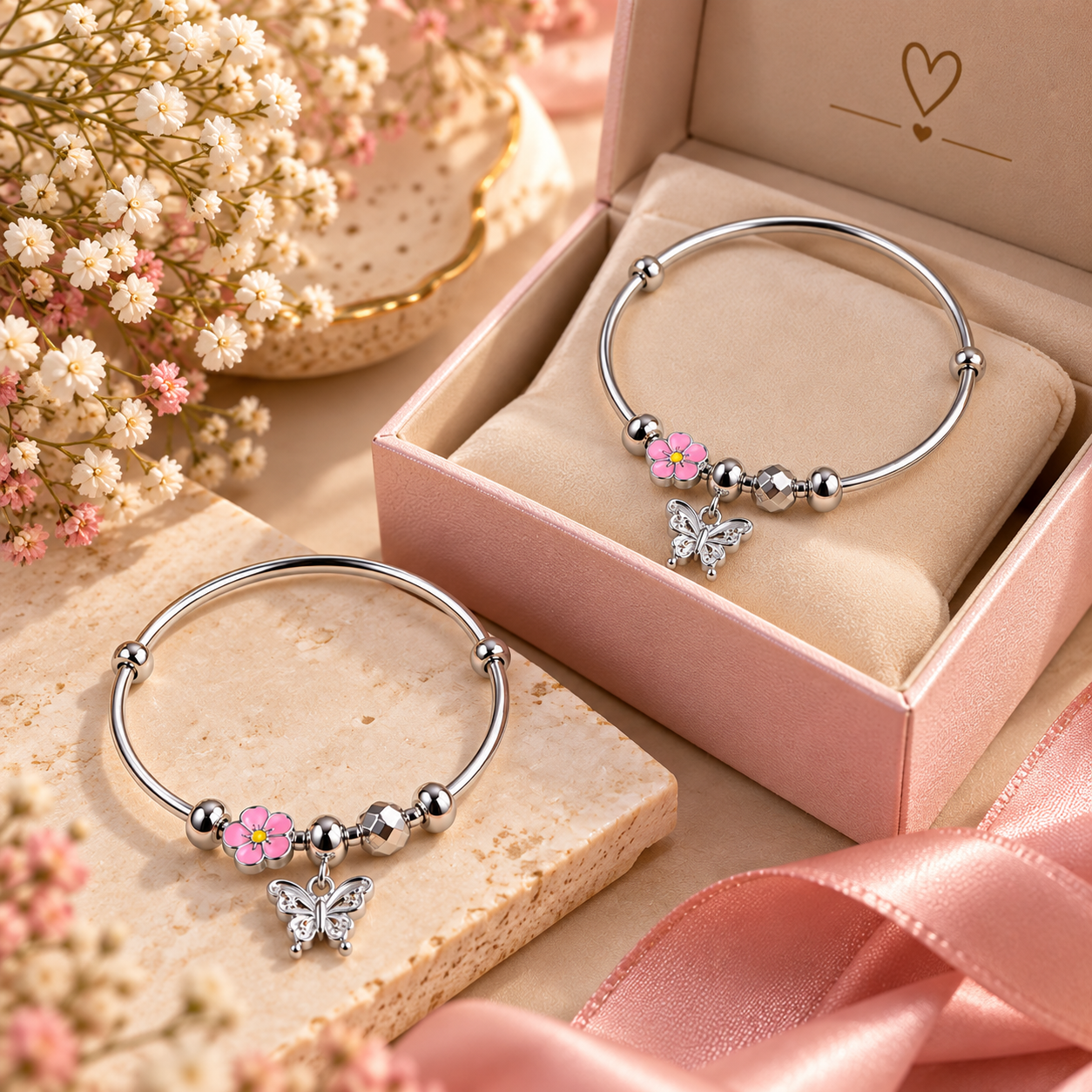 Sterling 925 Silver Floral Butterfly Adjustable Bangle Pair for Kids