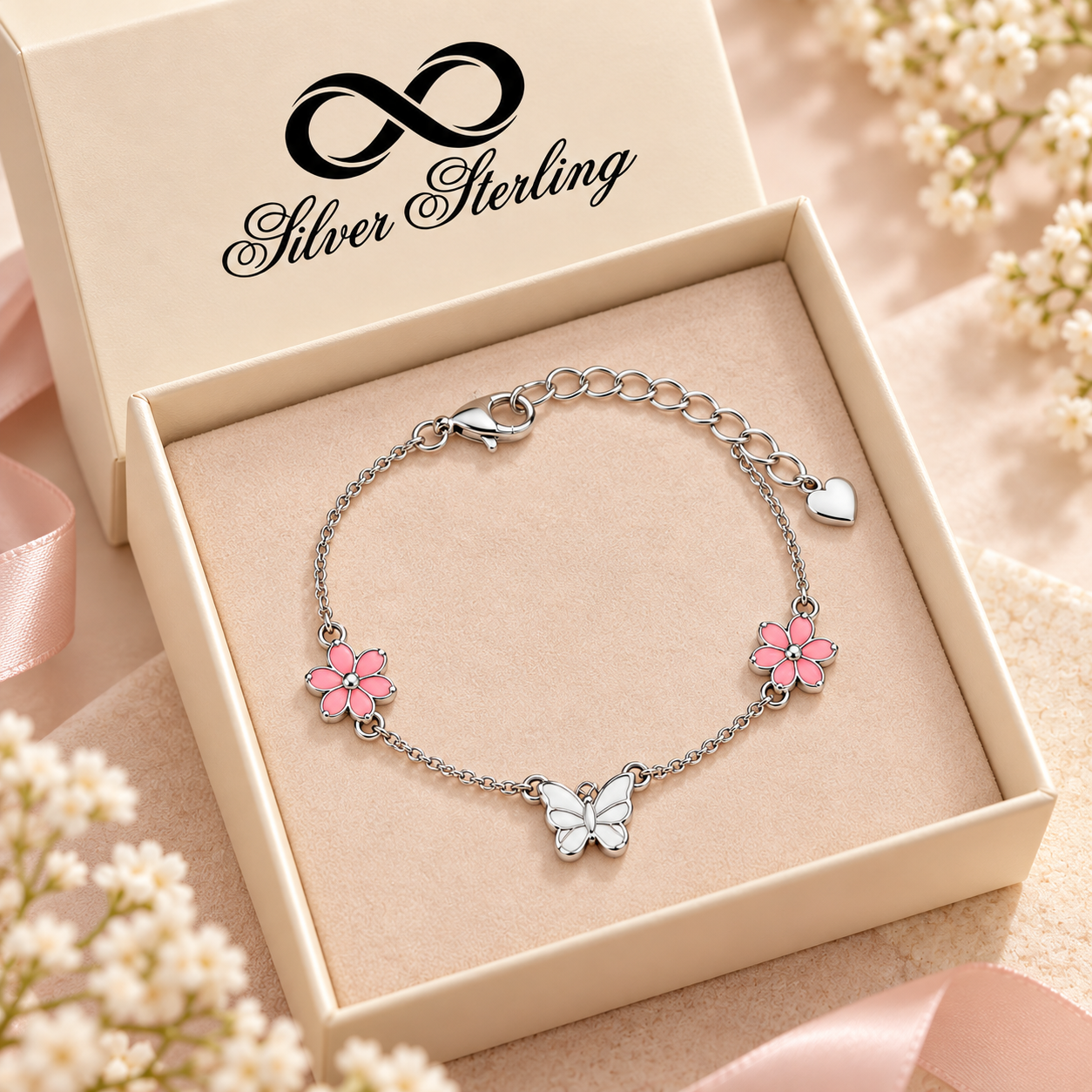 Sterling 925 Silver Enamelled Flower & Butterfly Bracelet for Girls | Anti-Tarnish Adjustable Bracelet