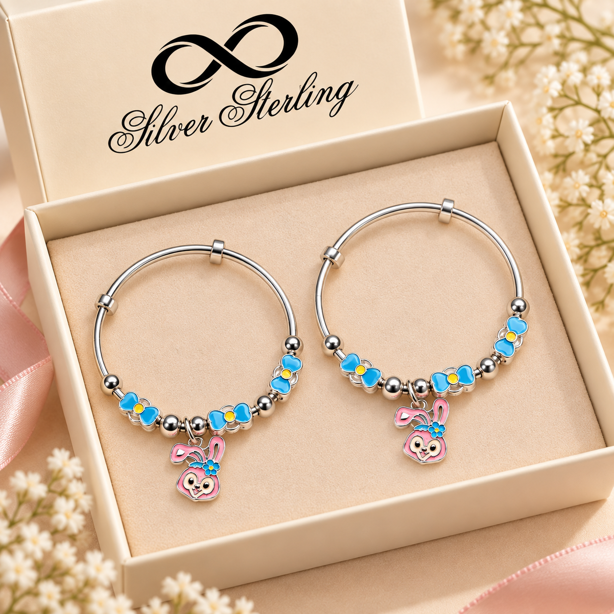 Sterling 925 Silver Enamelled Bunny Adjustable Bangles for Kids | 1–8 Years