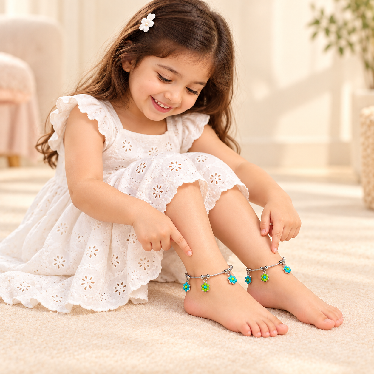 Sterling 925 Silver Enamelled Flower Anklets for Girls | Anti-Tarnish Adjustable Payal